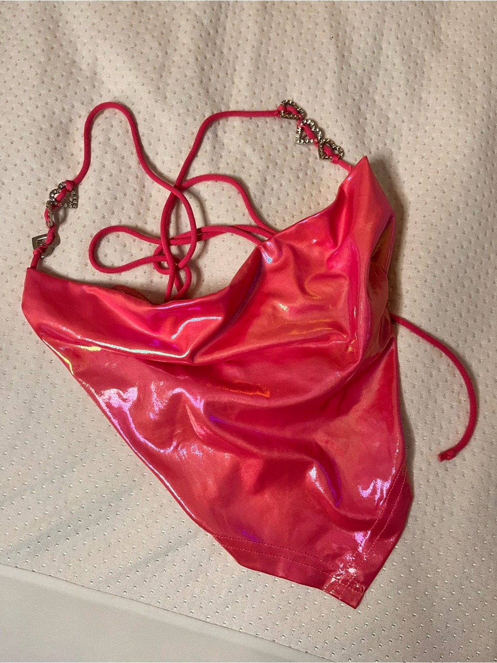 Shiny Hot Pink Faux Leather Crop Top Open Back
